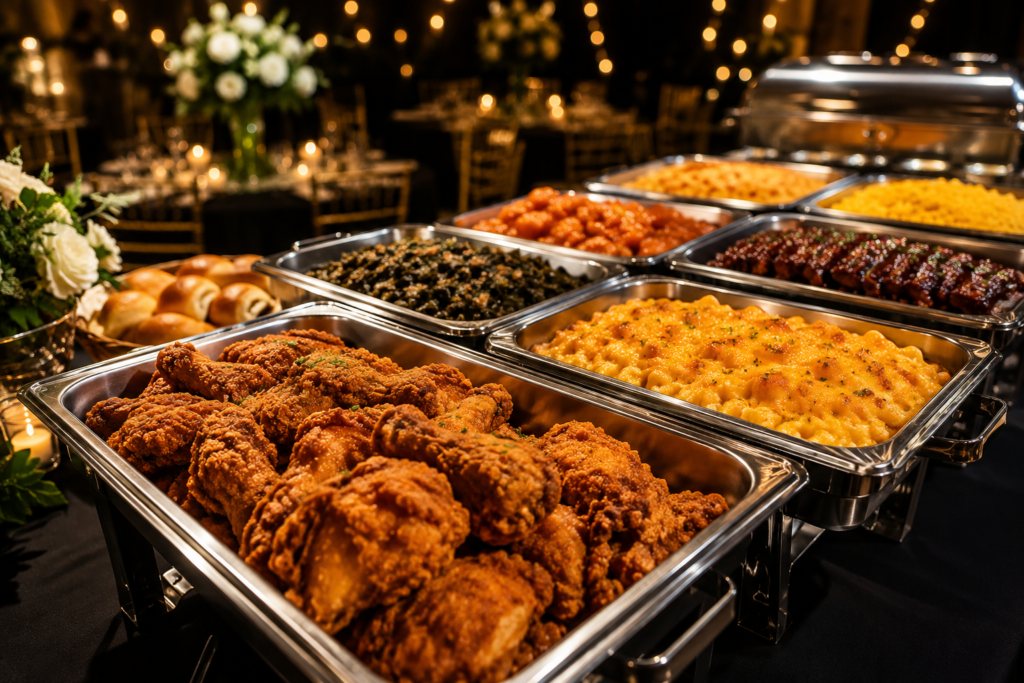 Professional catering buffet by Leroy's Kitchen featuring crispy fried chicken, baked macaroni and cheese, collard greens, ribs, and Southern comfort food served at an elegant event venue in Detroit.